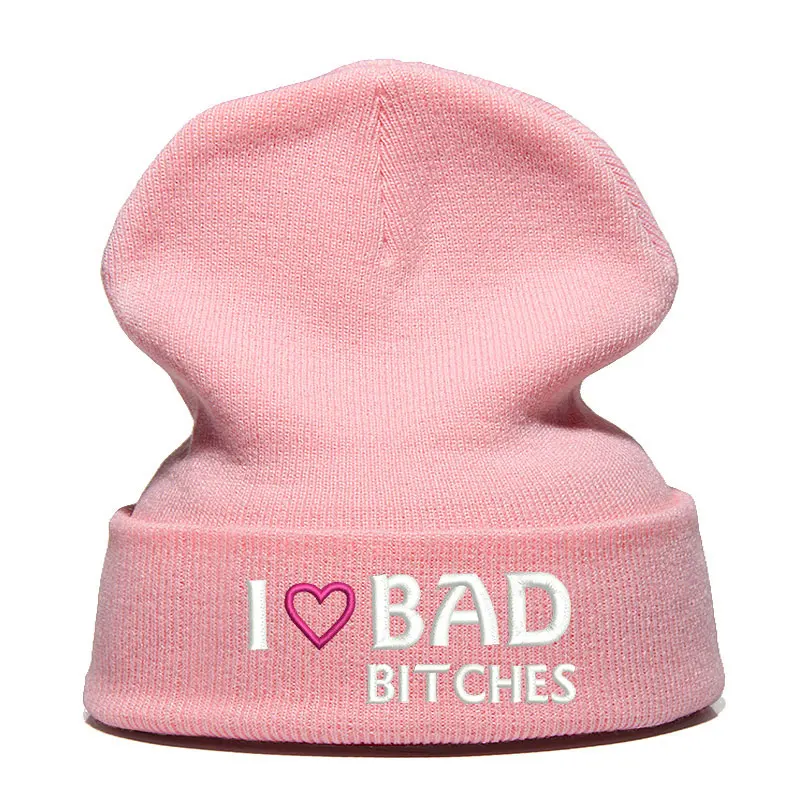 Beanie шляпа Skullie Кепки смутная зима вышивка в стиле панк Для мужчин Для женщин подростков уличных танцев забавные персонализированные с надписью «I Love плохие Суки - Цвет: pink white