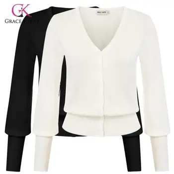 

Grace Karin New Solid Color Cardigan Women Lantern Sleeve Sweater Casual O Neck Long Sleeve V Neck Knit Sweater Coat Female Tops