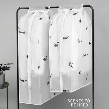 

Durable Clothes Dust Cover Cat Print Organizer Hanging Suit Zipper Wardrobe Storage Bag Convenient White Dustproof Dress PEVA