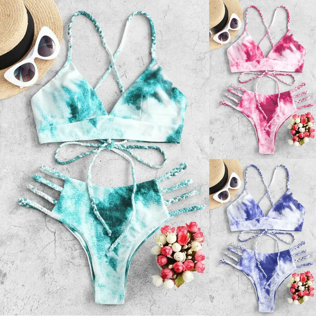 

New Women's Bikini Set Women's tie-dye bikini straps two-piece swimsuit low waist swimwear Bandage Solid color Popular Beachwear
