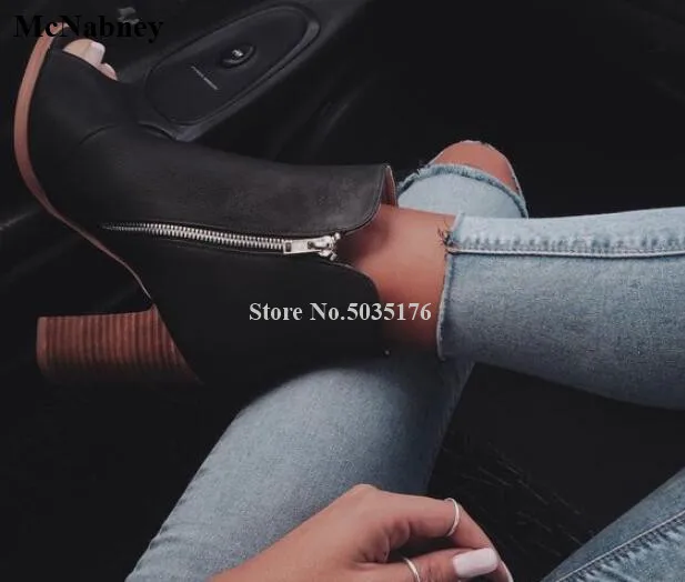 

McNabney Women Short Boots Side Zipper Black Peep Toe Thick High Heel Ankle Ladies Boots Simple Fashion Rome Solid Women Shoes
