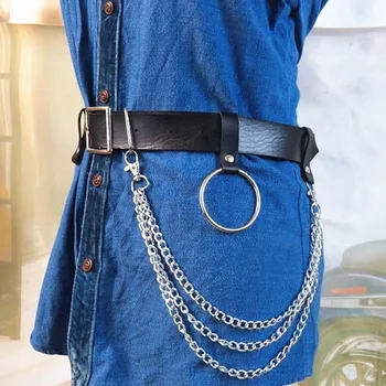

2020 New Punk Faux Leather Belt Metal Chain Ring Street Dance Decor Waist Strap Beltuit