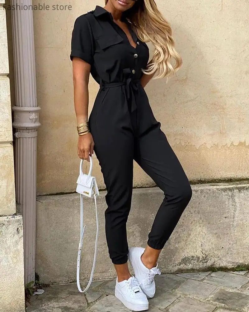 Women Solid Color Short Sleeve Bottoned Jumpsuit with Belt Women Solid Color Short Sleeve Bottoned Jumpsuit with Belt