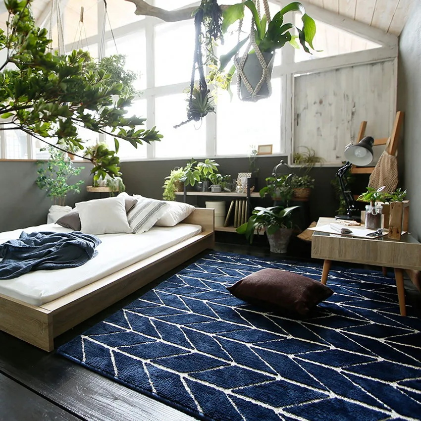 

INS popular navy blue geometric bedside carpet ,Nordic style herringbone area rug ,decoration floor mat
