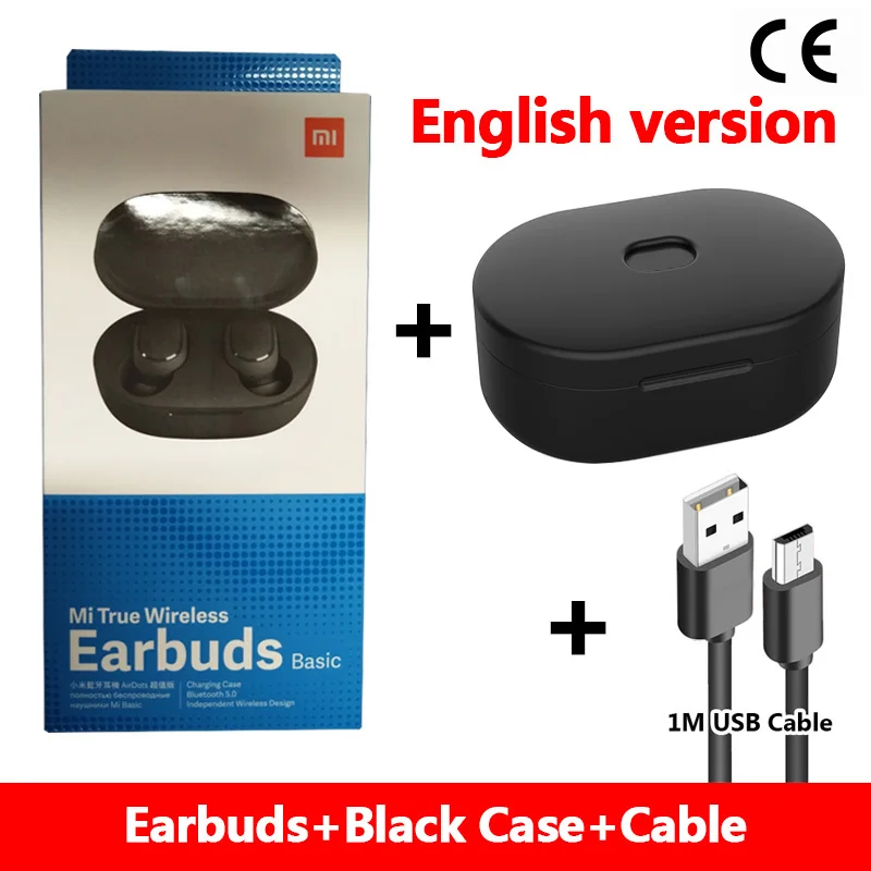 cable black case Английская версия Xiaomi Mi настоящие беспроводные Bluetooth наушники, стерео бас беспроводная Гарнитура шумоподавления Handsfree AI управление - Цвет: cable black case