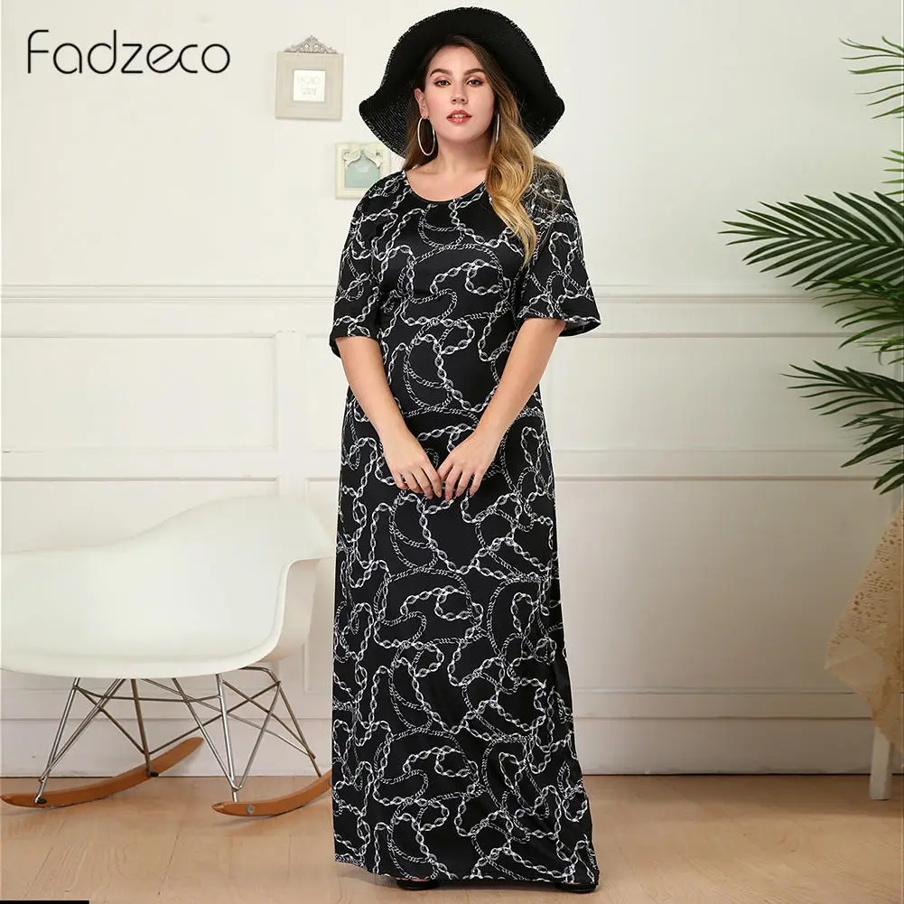 Fadzeco африканские платья для женщин Дашики осенние элегантные o-образным вырезом с коротким рукавом цепи печати Длинные Макси платья этнические плюс размер платье