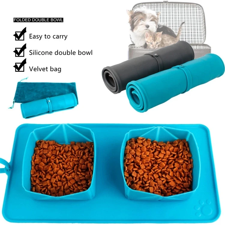 CONG FEE Pet Dog Food Water Double Bowl Travel Collapsible Silicone Non-Skid Mat Dish Cup