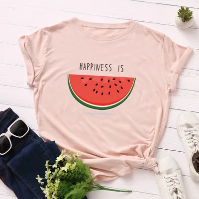 100%Cotton Happiness Is Watermelon Print Women T-shirt Casual Short Sleeve Soft Female Tees Shirts Plus Size Graphic Ladies Tops | Женская