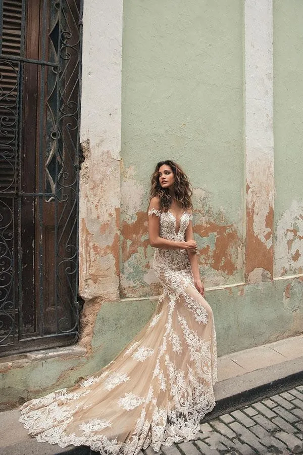 same as picture Скромные свадебные платья русалки цвета шампанского Воротник Sheer Jewel Кружева аппликация короткий рукав Свадебные платья Vestido de noiva - Цвет: same as picture
