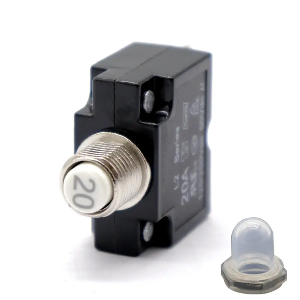 20 Amp Circuit Breaker Push-Button Reset with Quick Connect Terminals and Clear Waterproof Button Cover 20 Amp Circuit Breaker Push-Button Reset with Quick Connect Terminals and Clear Waterproof Button Cover