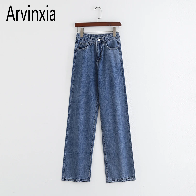 Arvinxia модные однотонные уличные Свободные женские джинсы новые корейские стильные женские Брюки с карманами Модные женские с высокой талией брюки
