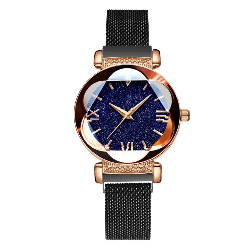 Роскошные женские магнитные часы, Индивидуальные Романтические Звездные браслет с изображением неба, часы с римскими цифрами, дизайнерские кварцевые часы Relogio - Цвет: Черный