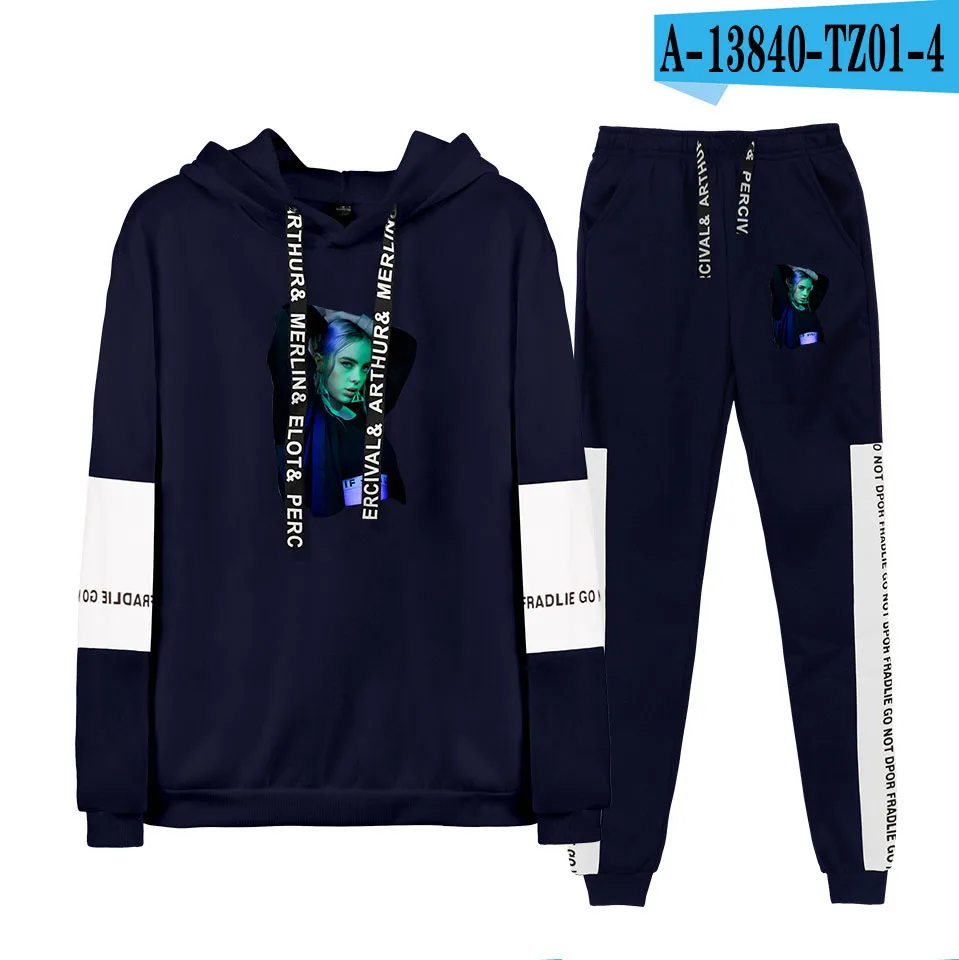 Navy Толстовка с капюшоном billie eilish, женские толстовки с капюшоном, свитшоты+ спортивные штаны, костюмы, осенне-зимний теплый черный пуловер - Цвет: Navy