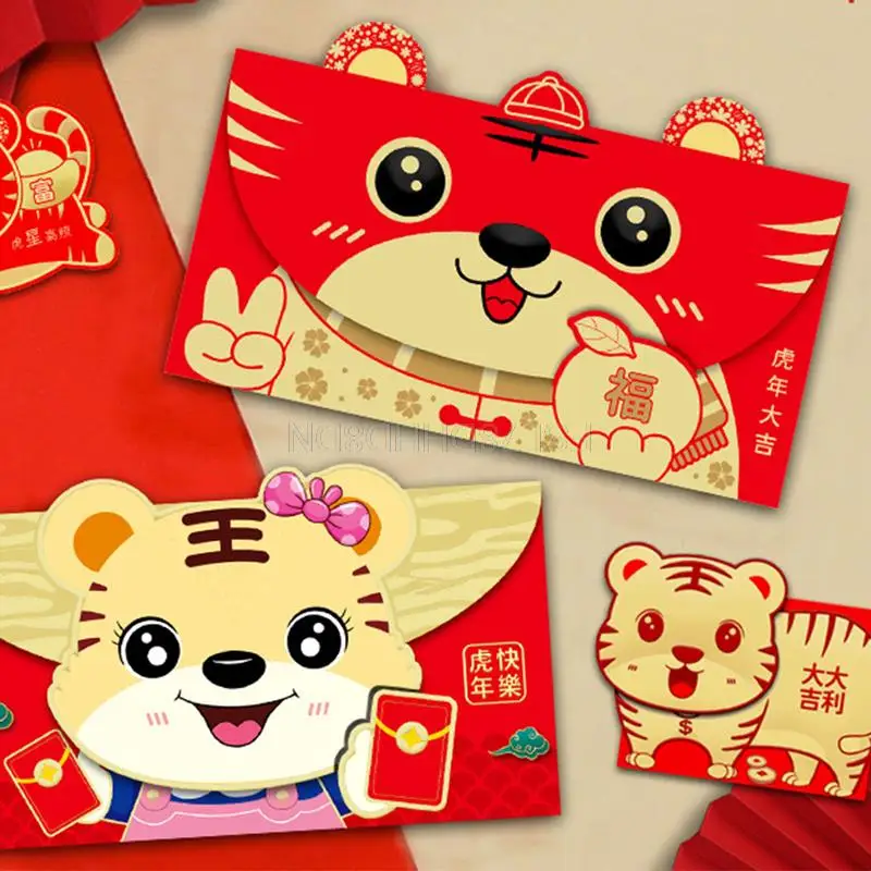 6pcs Traditional Hongbao Red Envelopes Chinese Spring Festival Hongbao Red Packet For 2022 Chinese Year Of The Tigers Gift Bag