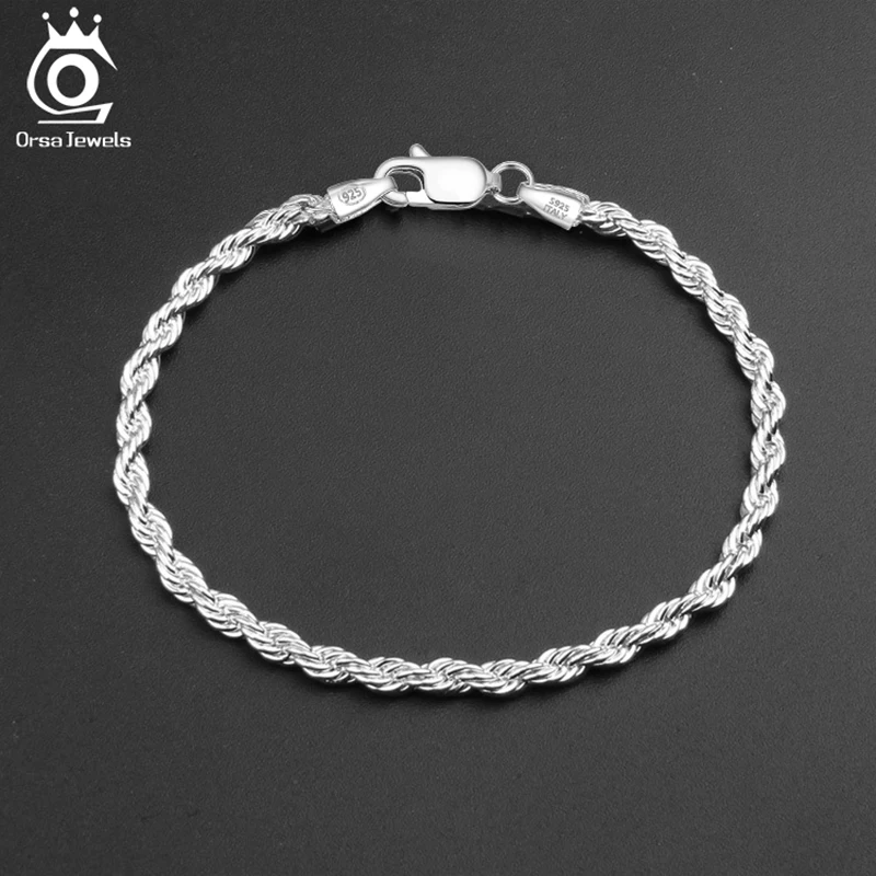 ORSA JEWELS Solid Sterling Silver Authentic Italian Diamond Cut Twist Rope Chain Thick Braided Bracelet for Men and Women SB101