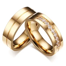 Trendy Wedding Bands Rings for Women / Men Love Gift Gold-color Stainless Steel CZ Promise Couple Jewelry R00116