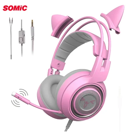 SOMiC G951S Игровые наушники 3,5 мм+ USB DJ глубокий бас Кот в наушниках с микрофоном для компьютера Профессиональный геймер