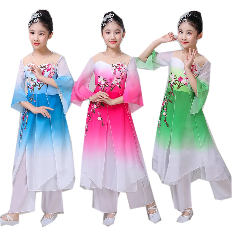

Plum Blossom Children Classical Dance Costumes Girls Yangko Umbrella Fan Dance Performance Dress Folk Dance Skirt Pant Flowy