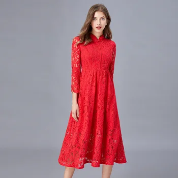 

2020 Women New Chinese Style Red Lace Improve Cheongsam Dress Elegant Stand Collar Three Quarter Sleeve Midi Dress Big Size