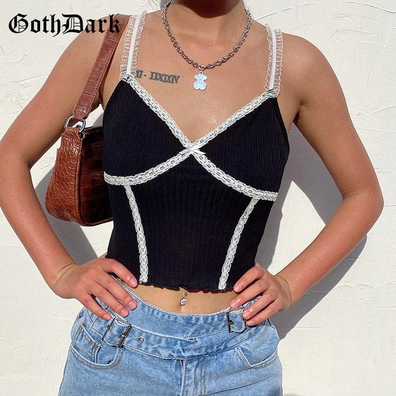 Goth Dark Sweet E-girl Black Camis Bodycon Lace Patchwork Ruffles Floral Strap Crop Tops Sexy Deep V-neck Backless Women Wear