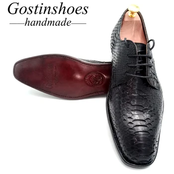 

Goodyear Handmade Men's Dress Shoes Leather Men Formal Shoes Lace-up Pointed Toe for Wedding Office ST09 Genuine Snakeskin Black