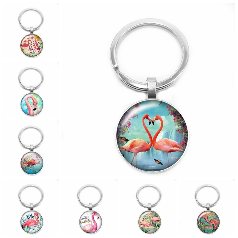 

2019 New Hot Art Handmade Beauty Pink Flamingo Round Photo Glass Cabochon Keychain Gift Keychain Animal Enthusiast Keychain