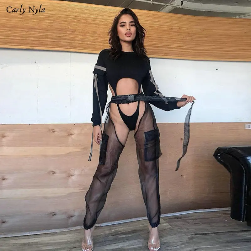 CarlyNyla, боди с длинным рукавом и вырезами, Светоотражающий ремень, пэчворк, сексуальный Облегающий комбинезон, осенняя женская мода, Клубная тонкая одежда