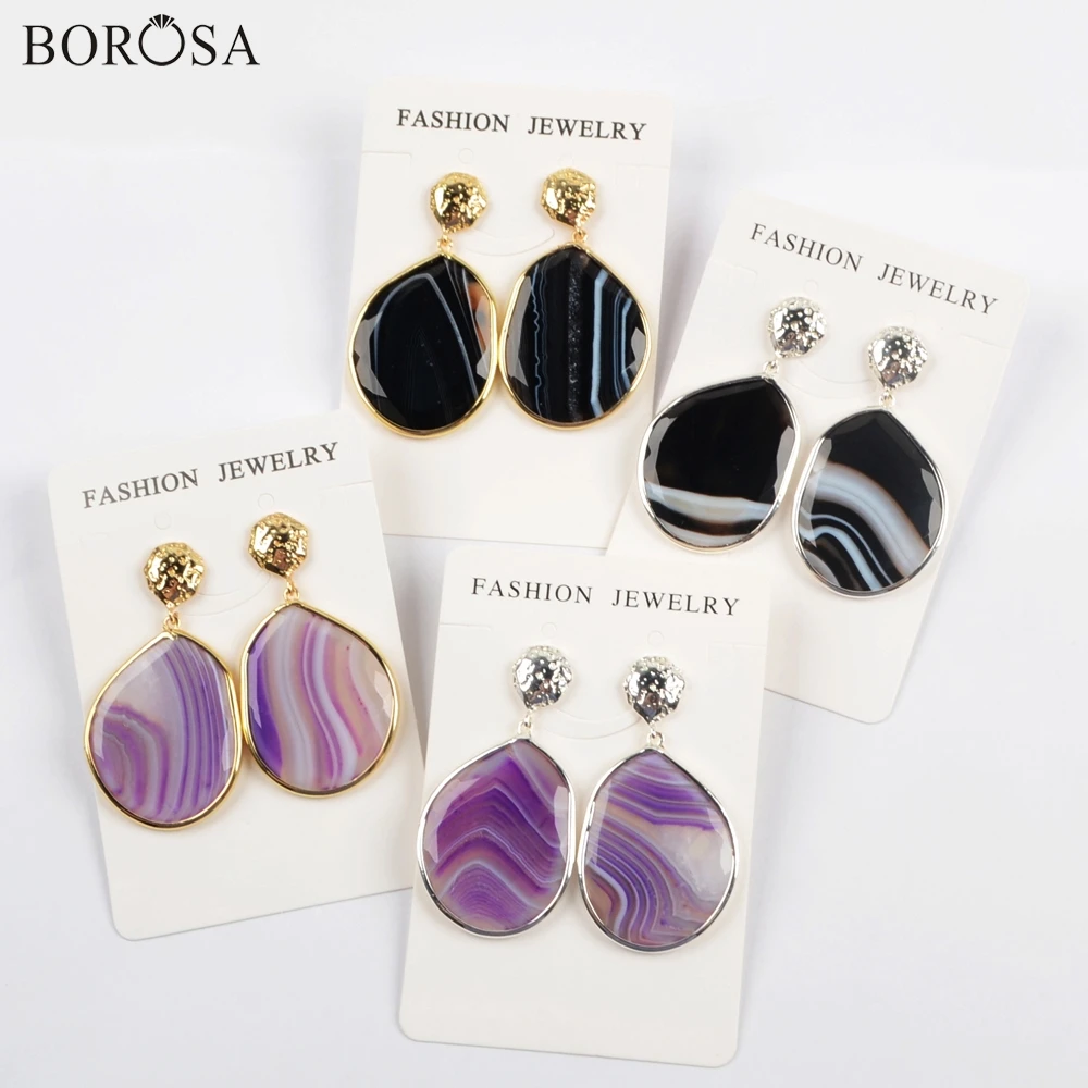 

BOROSA 5Pairs Gold/Silver Plated Bezel Natural Onyx Agates Dangle Earring Black Purple Agates Earrings Women Jewelry WX1177