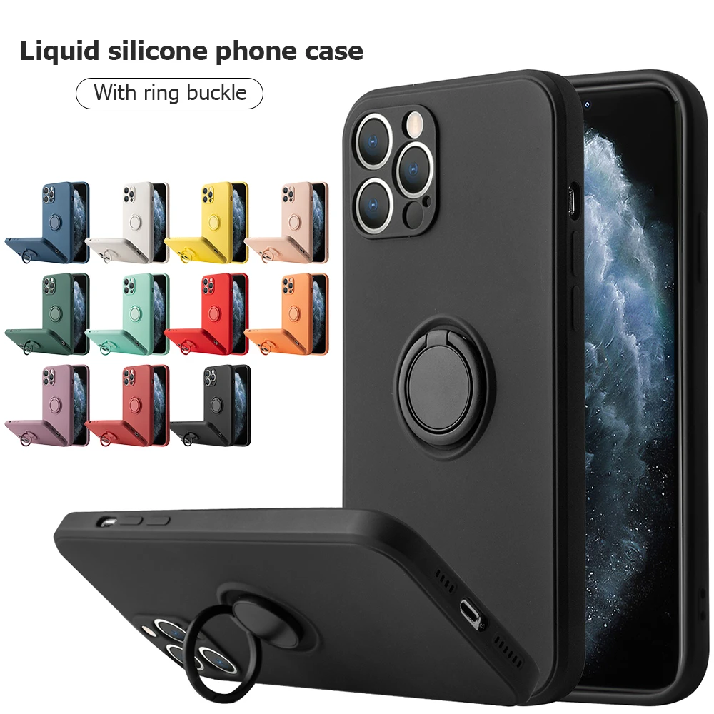 Original Liquid Silicone Square Phone Case For iPhone 14 13 12 11 Pro Max X XR XS Max 7 8 Plus 12 Finger Ring Holder Soft Cover iphone 13 mini case cheap