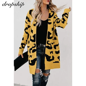 

New Sweater Women Long Sleeve Leopard Print Cardigan Open Front Jacket Coat Blusas Thick Femininas Sueter Mujer Invierno 2019