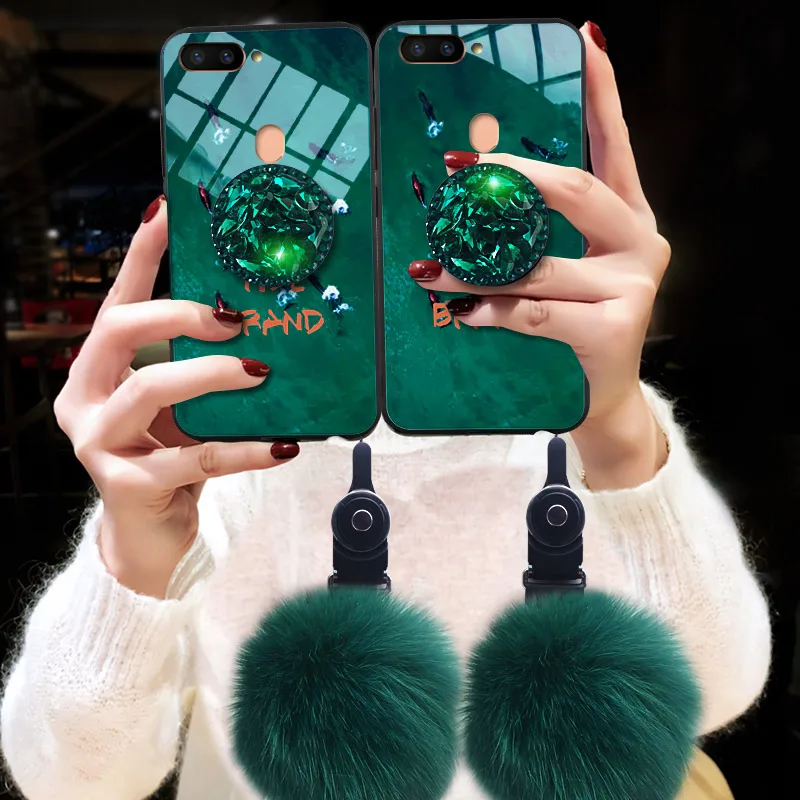 Phone Case For OPPO A5 A7 Find X R7 R7S R9 R9S R11R11S R15 R17 Plus Pro Emerald Real Fox Fur Wrist Strap Reno 10X Zoom |