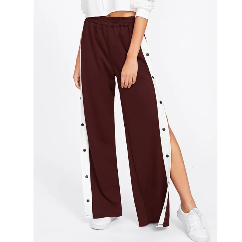 

Black Colorblock Contrast Snap Button Side Pants Casual High Waist Crop Trousers Women Wide Leg Pants Stretchy Athleisure Pants