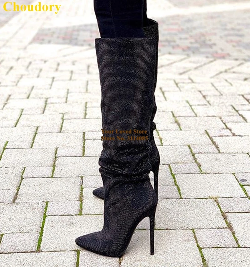 black sparkly knee high boots