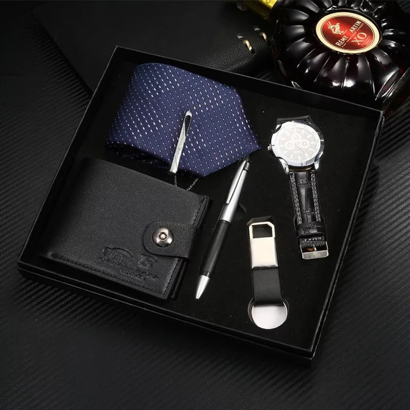 Men Watches Set Fashion Wristwatch Folding wallet Tie Keychain Signing Pen Present Box Gift Sets for Men's Christmas Valentine's