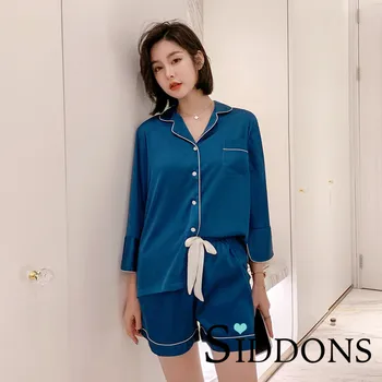 

Siddons Autumn Women Pajamas Sets Satin Pajamas Set Long Sleeve Sleepwear Suit Turn-down Collar Female Homewear
