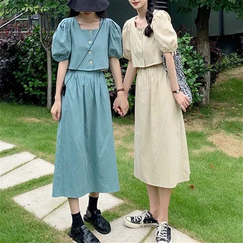 

Women Sets Summer New Chic Korean Friends Outfit Lovely Puff Sleeve Crop Tops Solid Simple Elastic Waist Preppy Girls Long Skirt