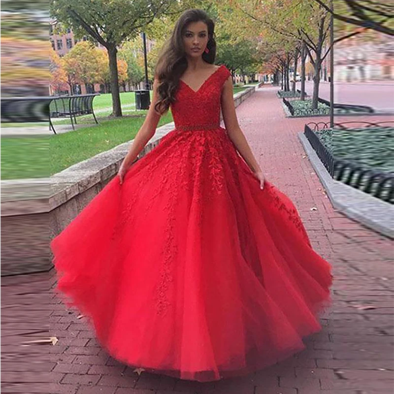 

Verngo Evening Dress Red Tulle Formal Dress Flowers Dress Party Gown Prom Dresses Long Sukienka Wieczorowa