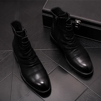 

2020 Luxury Brand Men leather Boots Fashion Spring Autumn Casual High Shoes Men Leather Boots Microfiber High Top Sneakers