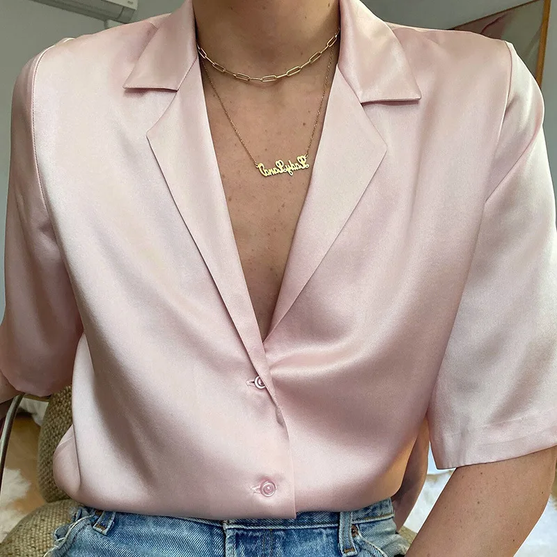 Ladies Work Wear Turn Down Collar Pink Female Satin Silk Pink Shirts Blouse Women Tops Blusas Femininas Elegant Short Sleeve Top