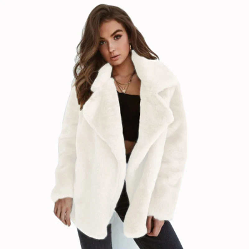 

European and American Explosions Fashion Autumn and Winter Coat Sexy Plush Lapel Comfort Slim Solid Color Loose Coat Female