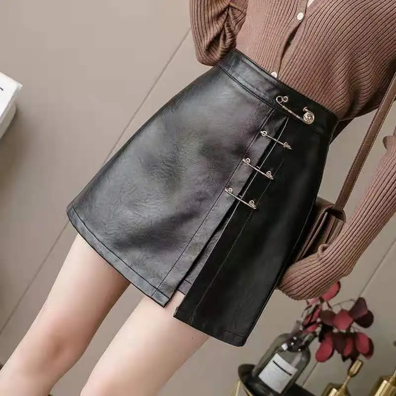 

Women's Mini Skirts with Clip High Waist Slit A-Line Black Short Skirts Casual Y2k Fashion Female Autumn Spring Clothes 2021