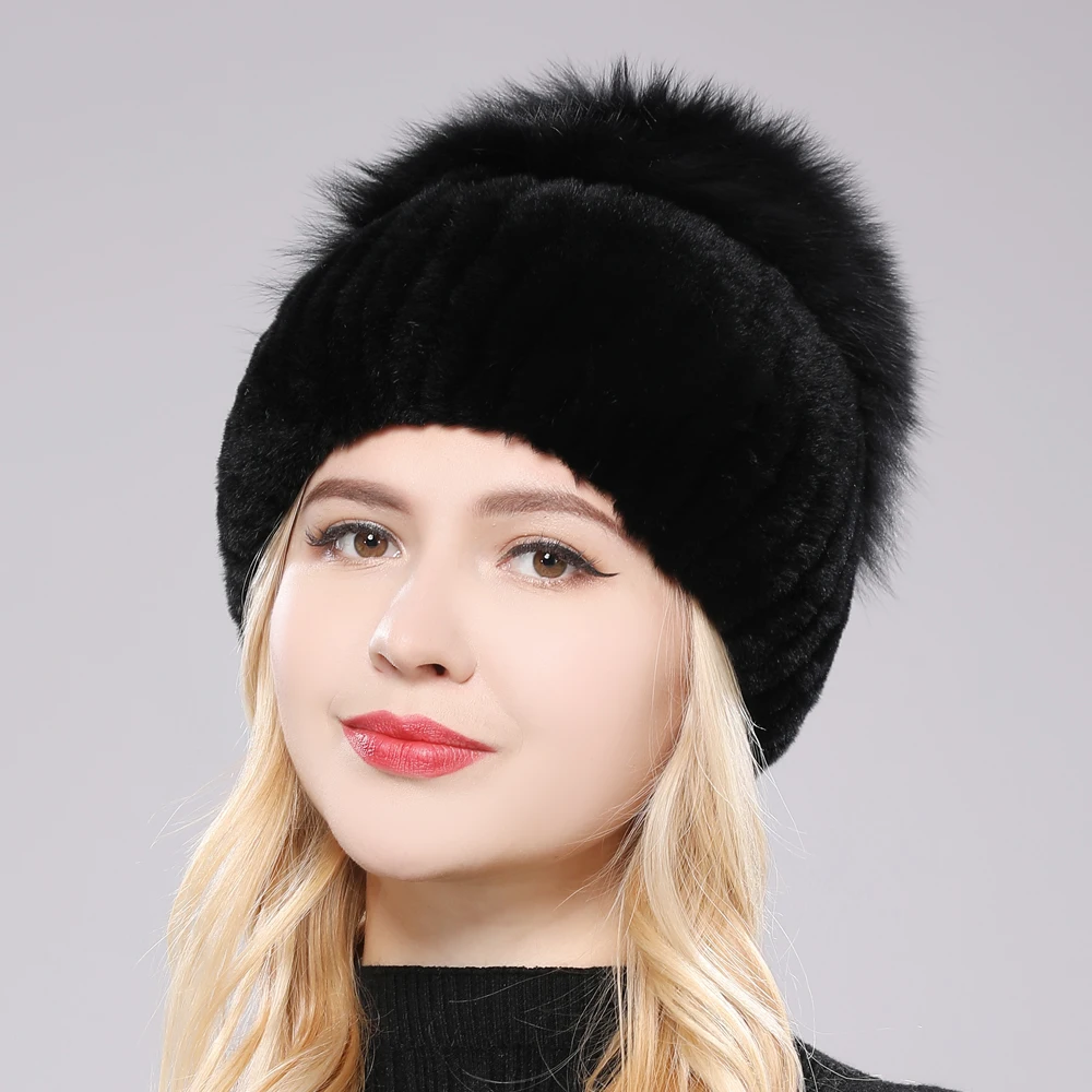 KAISHIN Women's Real Rex Rabbit Fur Beanie – Floral Knitted Winter Hat, One Size Fits Most - View #2