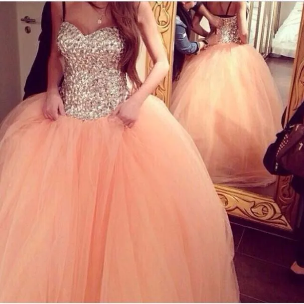 

Real Photo Gorgeous Sparkly Rhinestone Crystal Puffy Tulle Peach Balls Evening Gown 2018 Engagement mother of the bride dresses