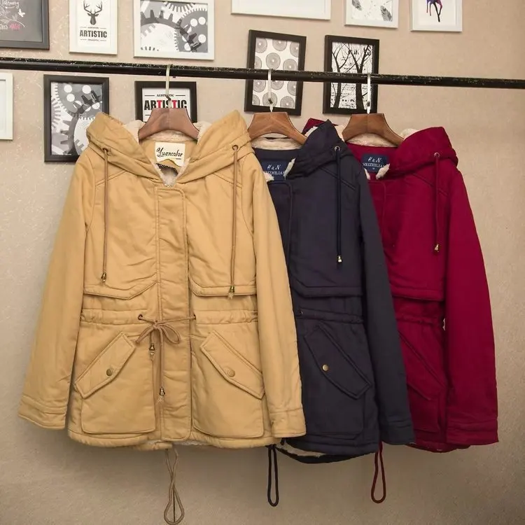 

2017 Winter New Style Mid-length plus Velvet Hooded Lace-up Casual Versatile Cotton Coat WOMEN'S Dress