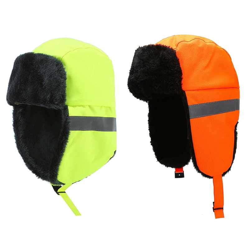 

Thermal Bomber Hats Winter Short Reflective Windproof Thermal Fluffy Knitted Headwear With Ear Flap Chin Strap