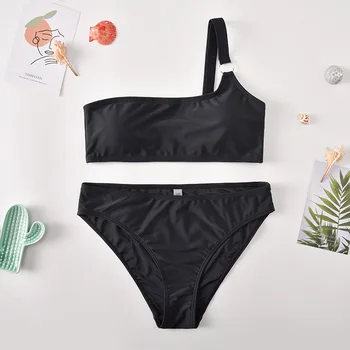 

Roseheart Summer Black Sexy Bikini Sets Women Swimsuit Bikini Swimwear Low Waist Bathing Suit Female One Shoulder Biquini Swim