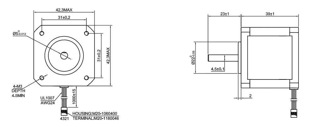 Motor, Nema 17, 40mm, 45Ncm, 64oz, 2A,
