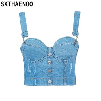 

SXTHAENOO Women Sexy Crop Top Summer Denim Cloth Sling Sleeveless Button Casual Loose Cropped Ladies Tank Tops Streetwear