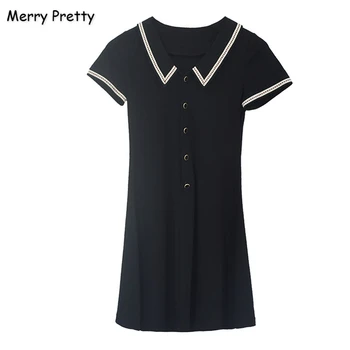 

Merry Pretty Women's Patchwork Solid Knitted Dress 2019 Autumn Short Sleeve Turndown Collar Mini Dress Girl Elegant A-Line Dress