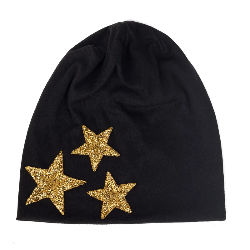 Gold Black Charmwood для женщин зимние громоздкие Skullies шапочки со звездами Стразы хлопковые шапки для дам женские модные мешковатые однотонные кепки - Цвет: Gold Black